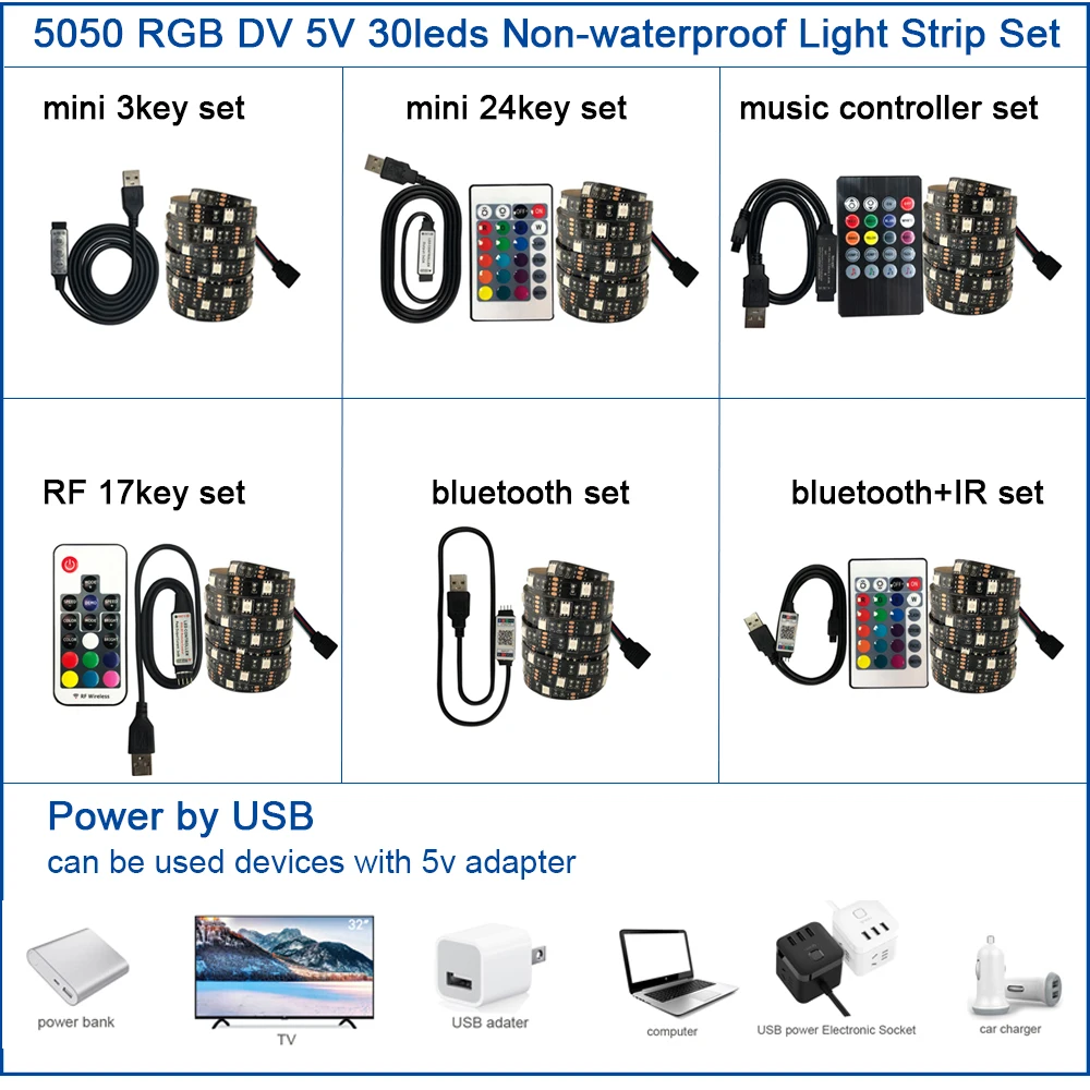 USB Светодиодная лента 5050 DC 5 В без водонепроницаемости RGB светодиодный 30 светодиодный s светильник гибкий 50 см 1 м 2 м для ТВ фоновый светильник ing