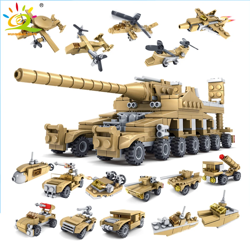 Günstig HUIQIBAO 544 stücke 16 in 1 Military Waffen Super Tanks Bausteine Legoing Assemblage Bildungs Ziegel Spielzeug Für Kid Kinder