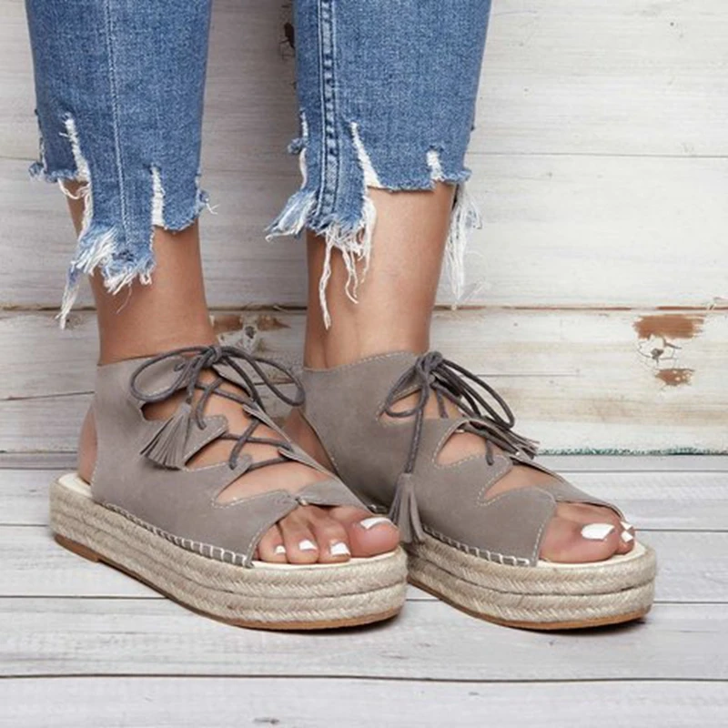 

LOOZYKIT 2019 Summer Flat Heel Shoes Platform Sandals Open Toe Lace Up Plus Size Women Elevator Shoes Straw Hemp Rope Sandals