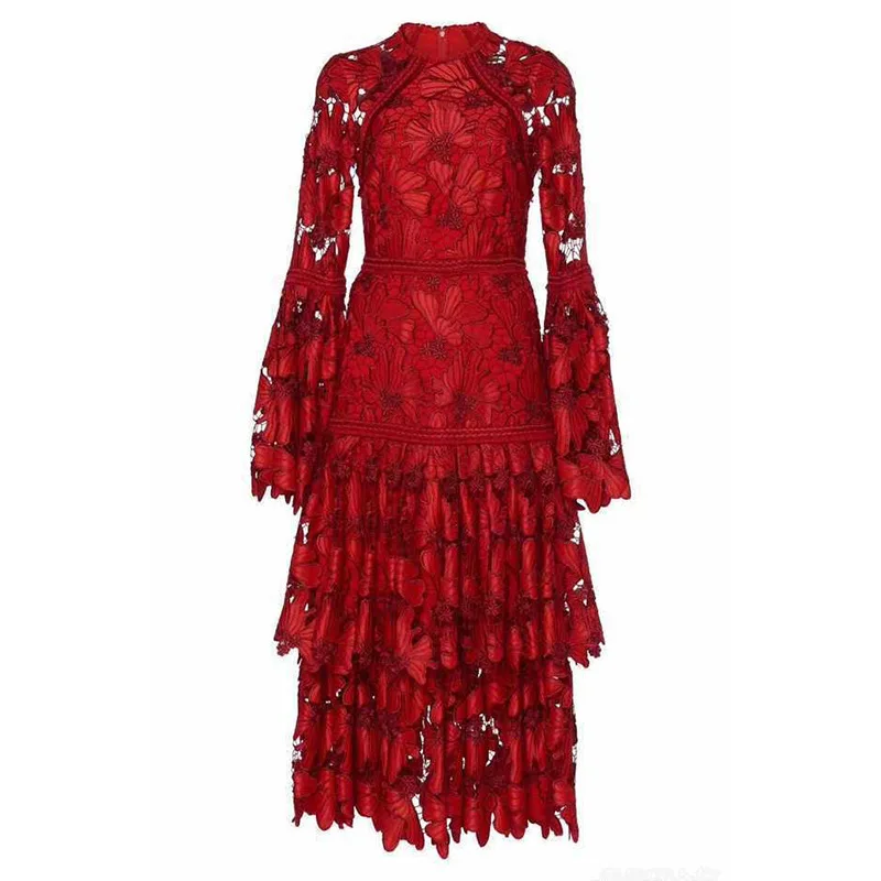 

2019 New Fashion Red Women Lace Dress Sexy Solid Round Neck Spaghetti Elegant Long Dress Long Sleeve Lady Spring Dress