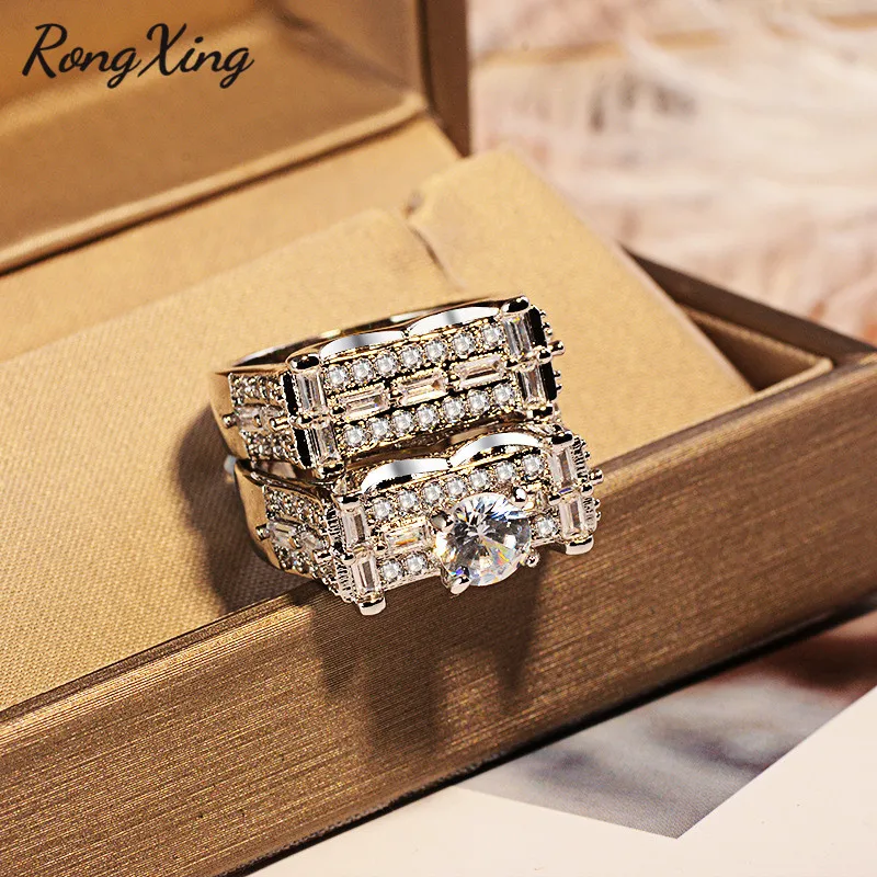 

RongXing 925 Silver Filled Round Zircon Engagement Ring Set Female Crystal Couple Promise Double Rings for Women Wedding Jewelry