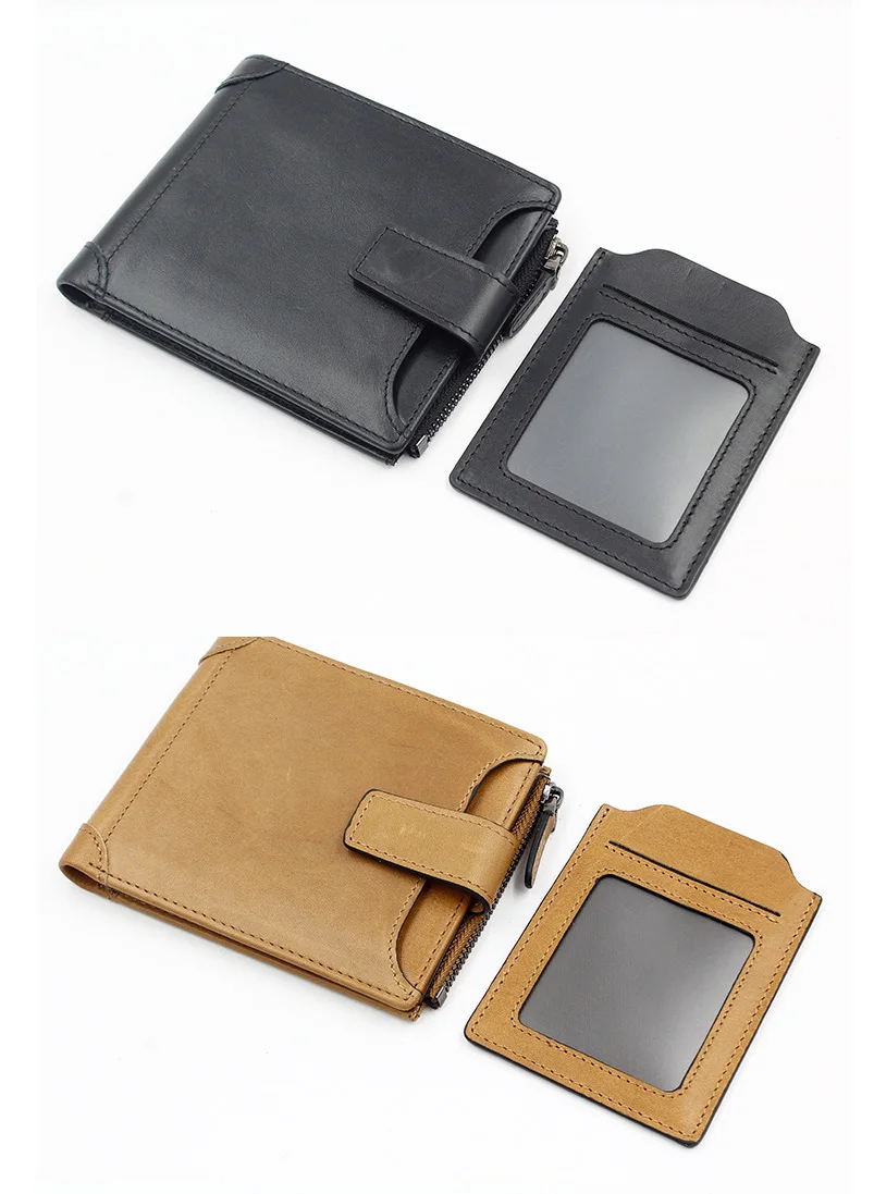 MJ Men's Genuine Leather Wallets Quality Male Short Wallet Real Leather Bi-Fold Wallet Card Holder Coin Purse Coffee Black Khaki (9)