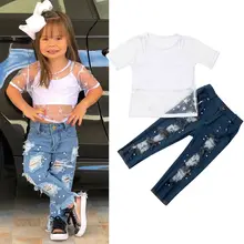 Новые детские От 1 до 6 лет для девочек; модные комплекты одежды; Сетчатая футболка с короткими рукавами и топы на бретелях и джинсовые штаны для отдыха