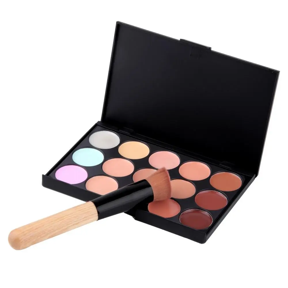 

High Quality 15 Color Contour Face Cream Makeup Concealer Palette with Sponge Puff and Wooden Powder foundation Brush New Hot