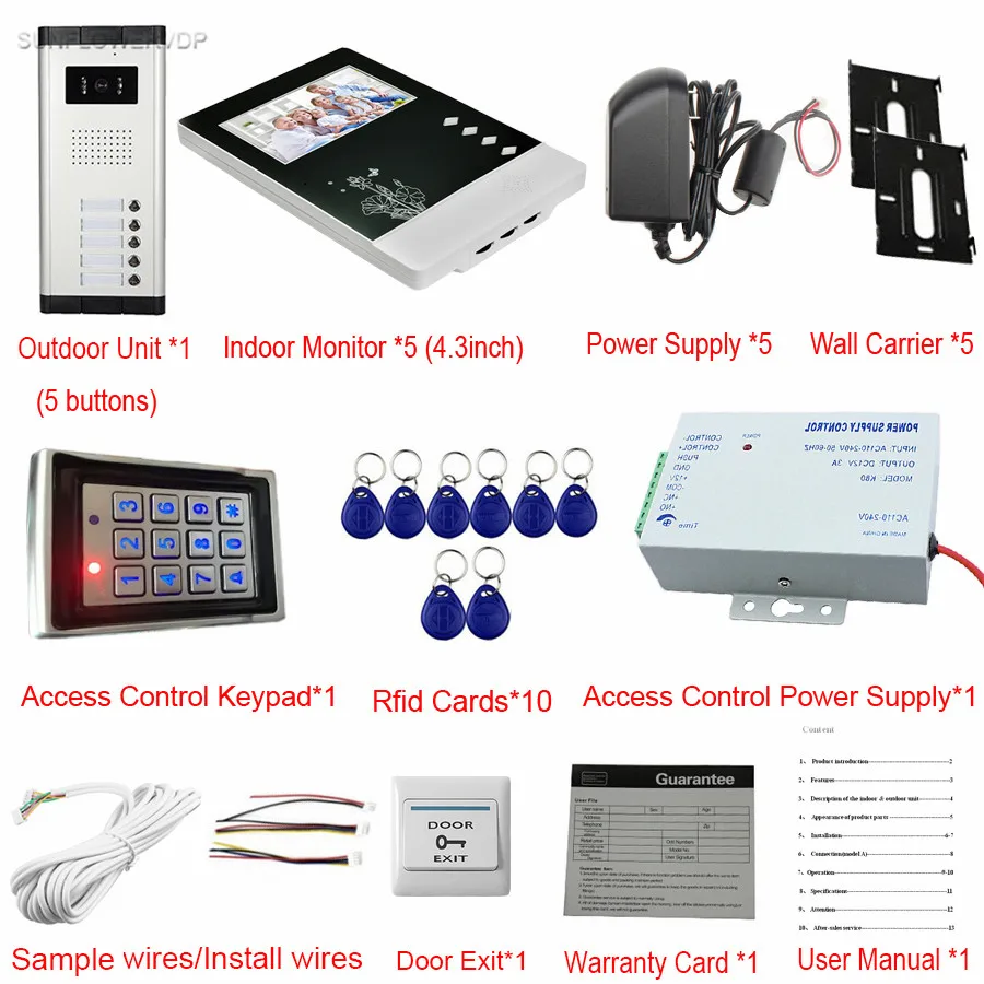 Для 5 отдельных квартиры цветной видеодомофоны Интерком системы s 5 lcd и 5 клавиш безопасности дверной звонок+ система контроля доступа