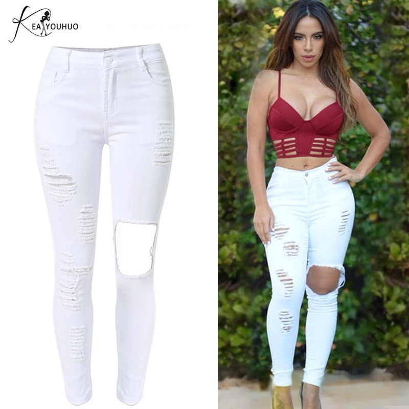 

New 2019 Winter High Waist Stretch Denim Femme Knee Ripped Jeans For Woman Plus Size Casual Pencil Mom Jeans Skinny Jeans Woman