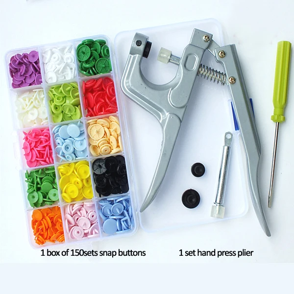 

Free Shipping 1 Set of Button Fastener Snap Plier & 1 box of 150 Set T5 Snap plastic Resin Buttons hand press tool pliers 003