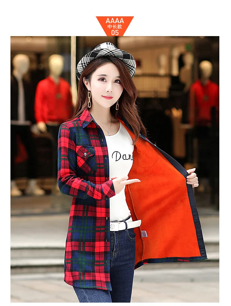 womens shirts Velvet Thick Warm Women's Long Plaid Shirt Female Full Sleeve Tops M-XXXL Winter Check Blouse Blusas Femininas Chemise Autumn off the shoulder shirts & tops
