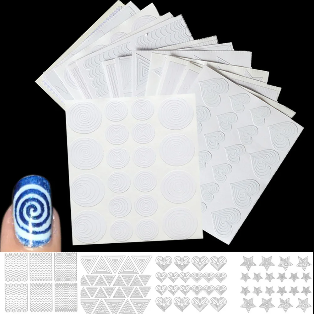 

12 Sheet Nail Sticker Guide Tips Large Star/Heart/Stripe Hollow Stencils Nail Art French Tips Form Fringe DIY Decor Decals CH225