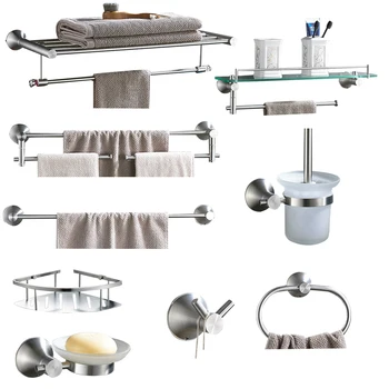 

304 stainless steel bathroom silver brushed bathroom accessories towel rack paper holder glass shelf bathroom hardware set