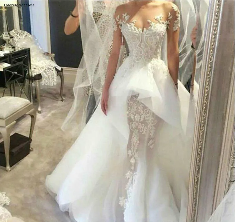 Romantic Sheer Long Sleeves Lace Mermaid Wedding Dresses 2019 Jewel Neck Long Sleeves Illusion Applique Bridal Gowns Peplum Train BC0510  196