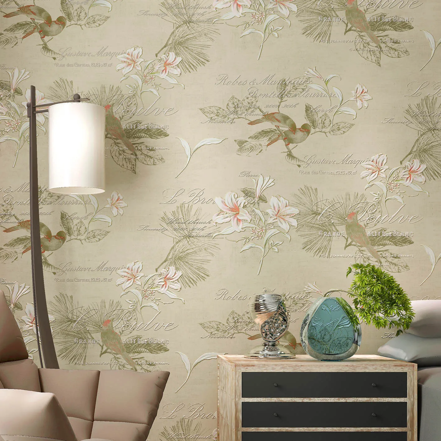 

0.53x10m hand - painted flowers and birds pattern non - woven wallpaper living room bedroom study room wedding shop wallpaper