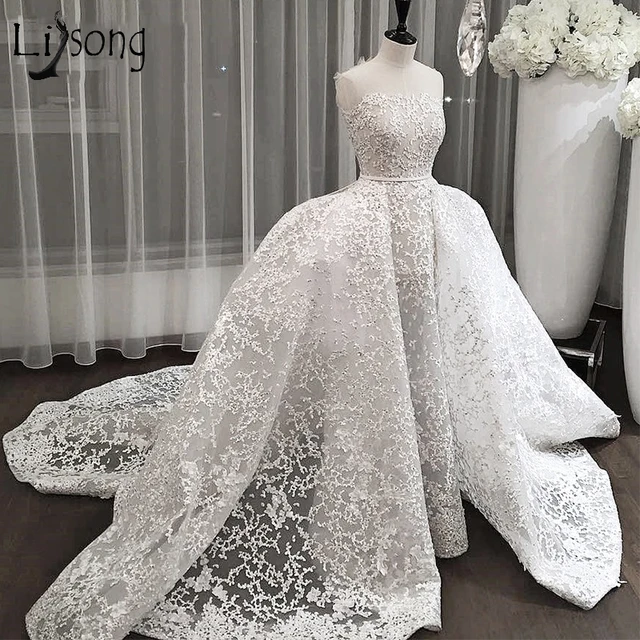 Dubai Lace Wedding Dresses 2018 With Detachable Train Saudi Arabic Dubai Lace Wedding Dresses 2018 With Detachable Train Saudi Arabic Bridal Gowns Over Skirt Liques