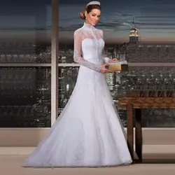 Vestido Де Casamento 2017 Белый Кружева Пляж Свадебные Платья Развертки Поезд Высокая Шея Свадебные Платья На Заказ С Длинным Рукавом Свадебные