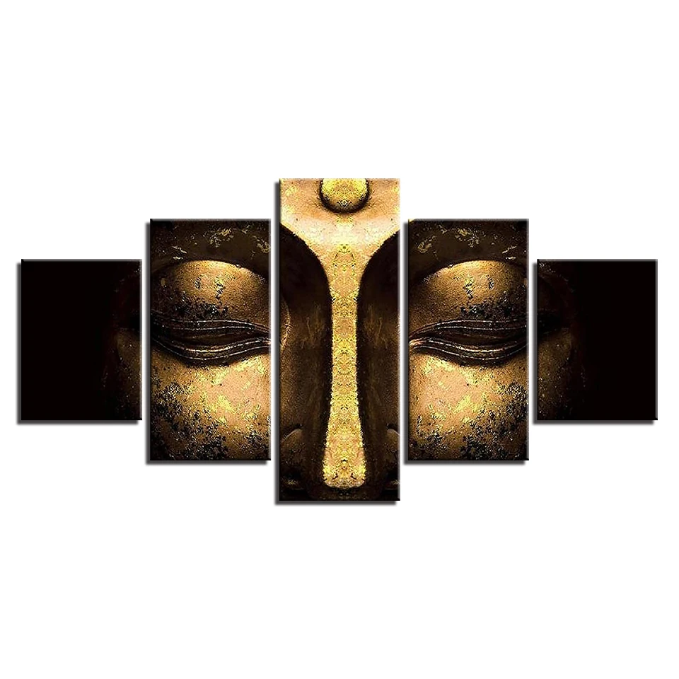 Wall Art Canvas HD Prints Poster Home Decor Pictures 5 Pieces Golden Buddha Peaceful Face Painting Modular Living Room Framework