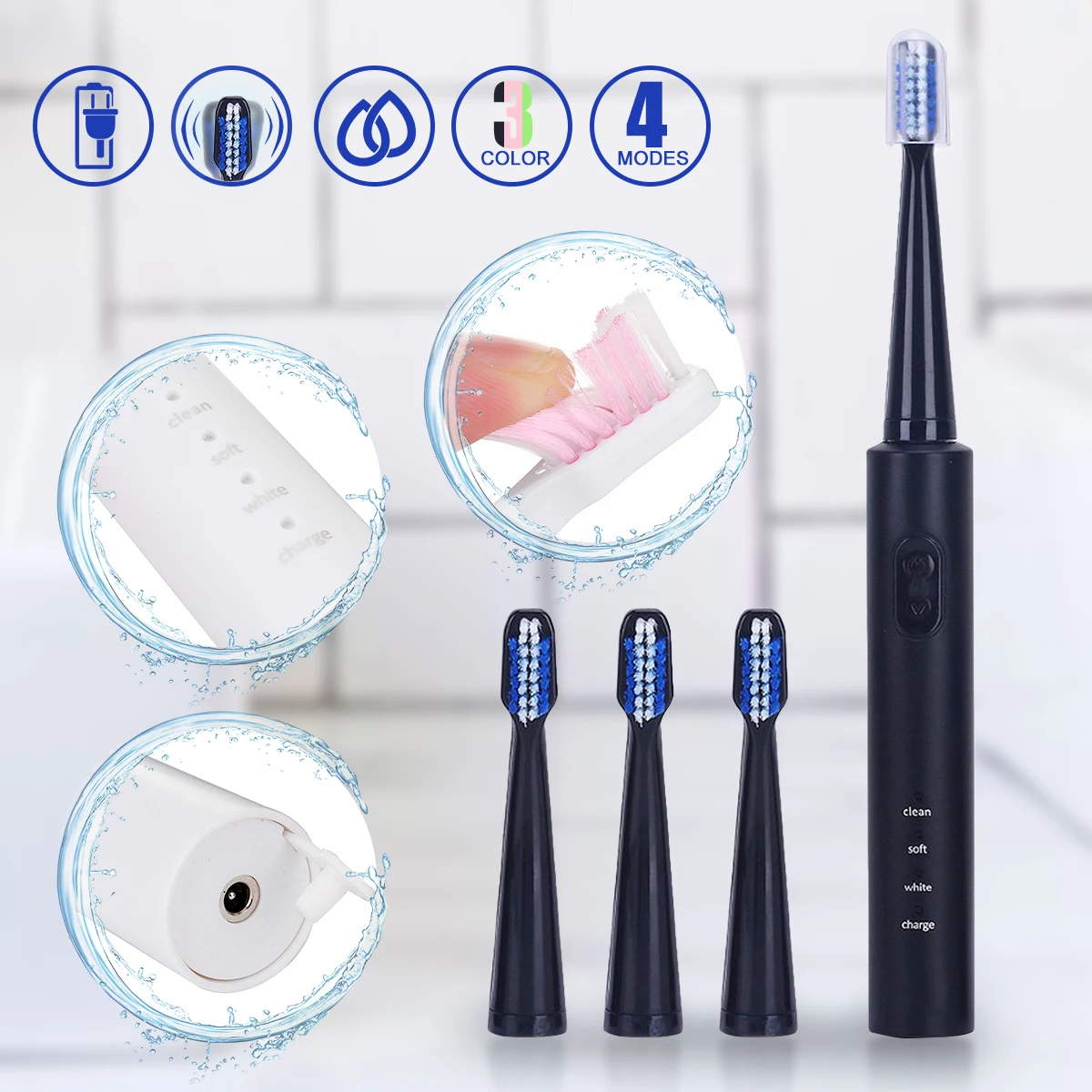 

1Pcs Ultrasonic Electric Toothbrush Kit 3 Cleaning Mode Rechargeable USB Electric Toothbrush Teeth Clean+ 3 Replacement Heads