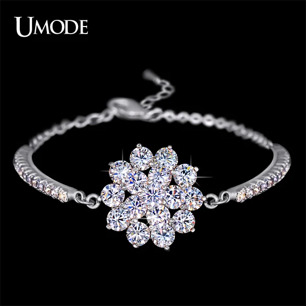 Umode цепь стразами чашки и 16 шт. сверкающие кубического циркония цветок браслет белый позолоченные ювелирные изделия для женщин UB0040B