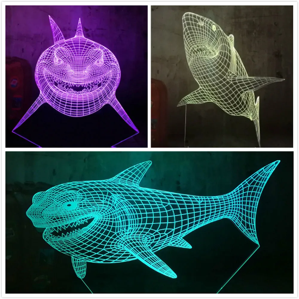 Новые крутые челюсти 3 вида Акула 3D светодиодный 7 цветов ночной Светильник USB