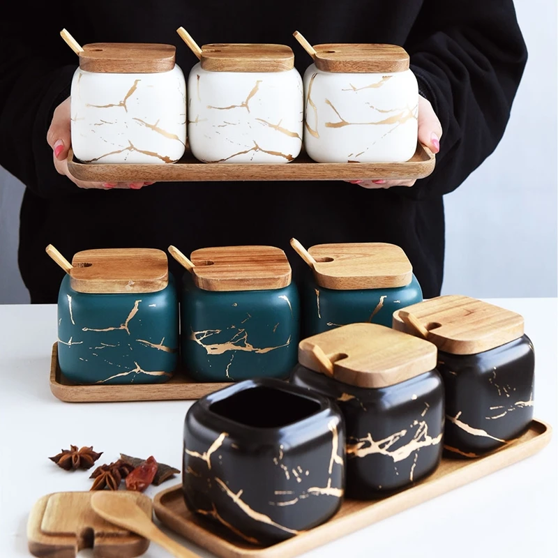 

Fashion marble kitchen cruet set with wood lid and tray kitchen spice jar condiment storage set