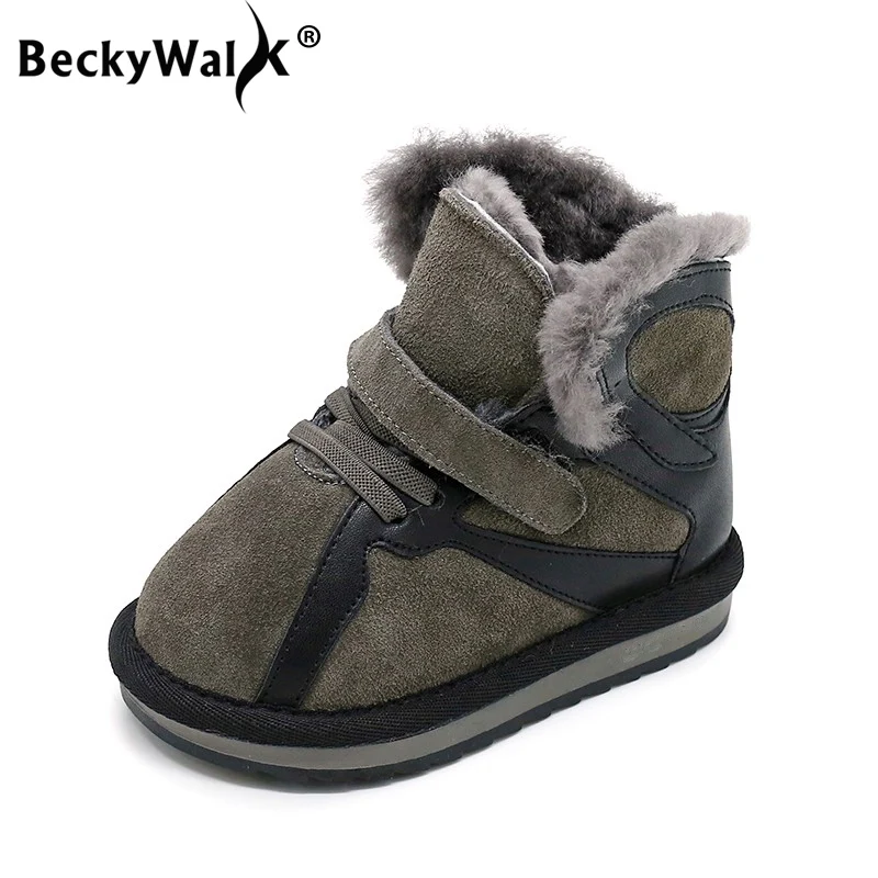 BeckyWalk/из натуральной кожи ботинки для девочек для отдыха Зимние сапоги для мальчиков хорошее качество Детская Зимняя сапоги с хлопковой