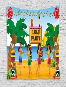 

Bar Decor Tapestry Hawaiian Luau Party in Cartoon Style Dancers on Beach Festive Tradition, Wall Hanging for Bedroom Living