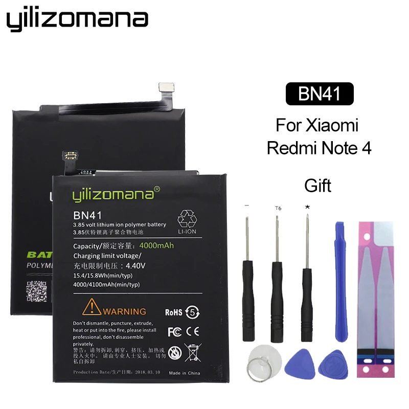 

YILIZOMANA Original Mobile Phone Battery BN41 for Xiaomi Redmi Note 4 / Note 4X MTK Helio X20 4000/4100mAh with Tools
