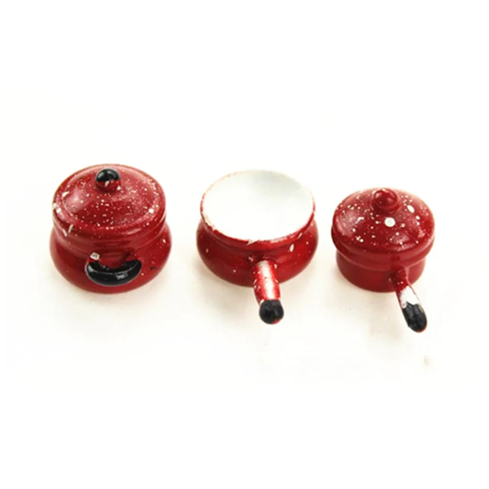 3Pcs 1/12 Dollhouse Miniature Accessories Mini Resin Red Soup Pot Simulation Kitchen Utensils Toys for Doll House Decoration
