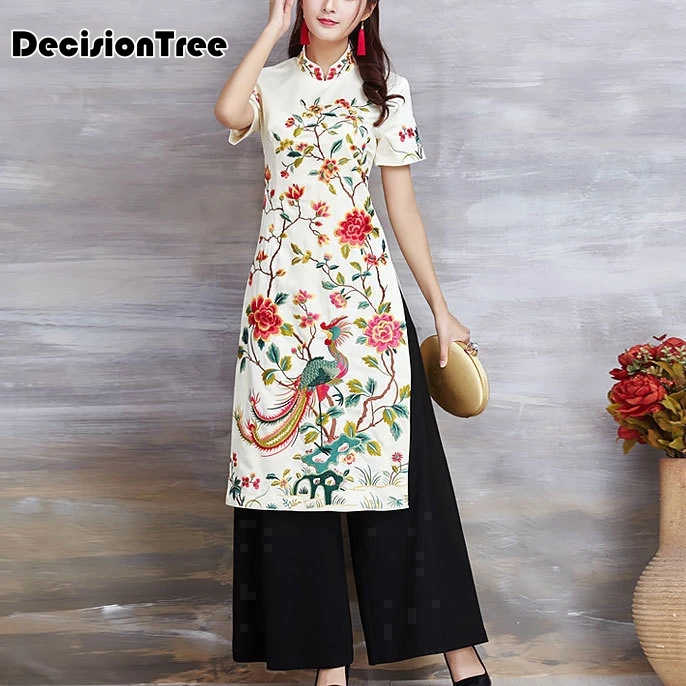 

2019 aodai women qipao chinese style elegant qipao stand collar long sleeve casual chiffon long aodai qipao