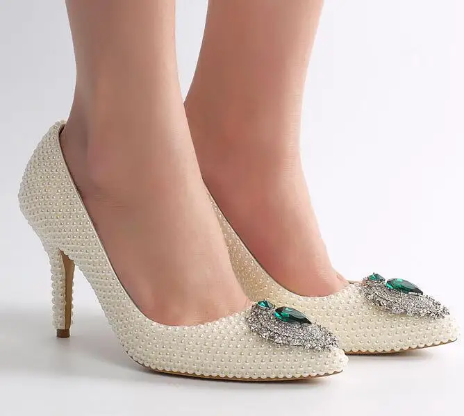 

fashion woman Pearl emerald diamonds wedding shoes pearls wedding bridesmaid pointed toe high heels green diamond pearls shoes