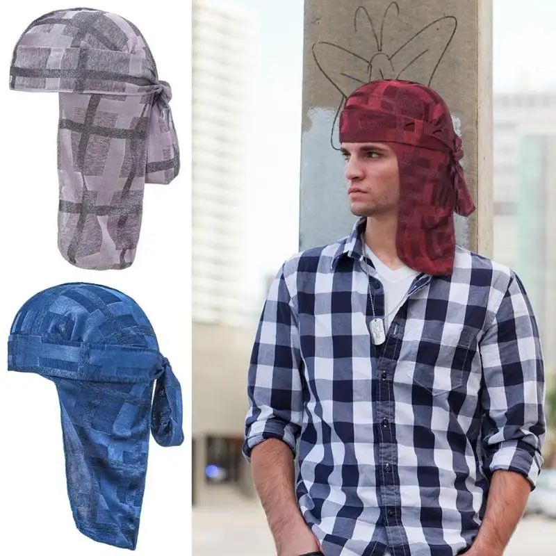

Hip Hop Unisex Pirate Headwear Breathable Headscarf Long Tail Hat Women Men Lattice Print Headwraps Cap
