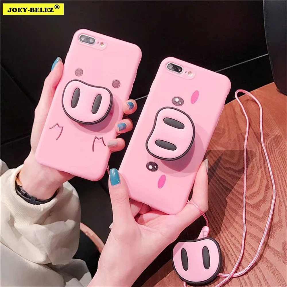 

3D Cute Pink Case For iPhone 8 7 Plus case Silicone Phone Stand Holder Cover For iPhone X XS Max XR 6s 7 8 Plus Pig Nose Lanyard