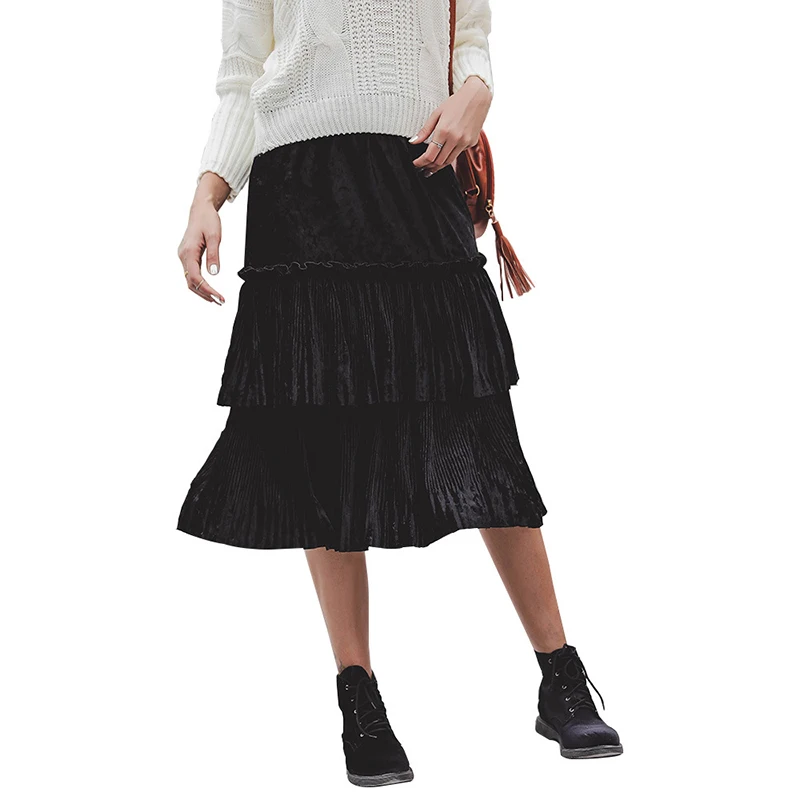 Осень-зима черный Для женщин вельветовые юбки модные Высокая талия длинная юбка Повседневная юбка средней длины Jupe Femme SJ1278T