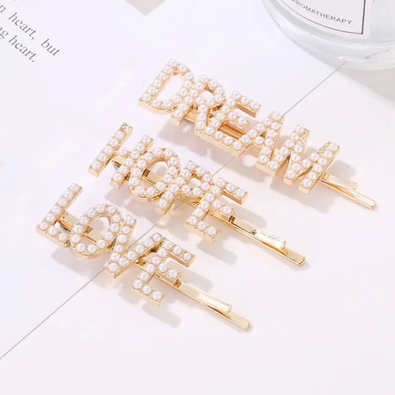 

3Pcs/Set Women Metal Alloy Hair Clip Pretty Love Hope Dream Letters Faux Pearl Hairpin Wedding Side Bangs Hair Styling Accessory