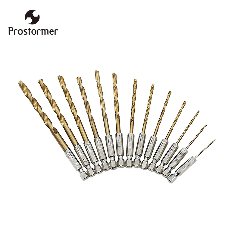 

PROSTORMER 1/4" HSS Twist Drill Bit for Metal Titanium Coated Twist Drill Set with Hex Shank Power Tools Drill Accessories 13PC
