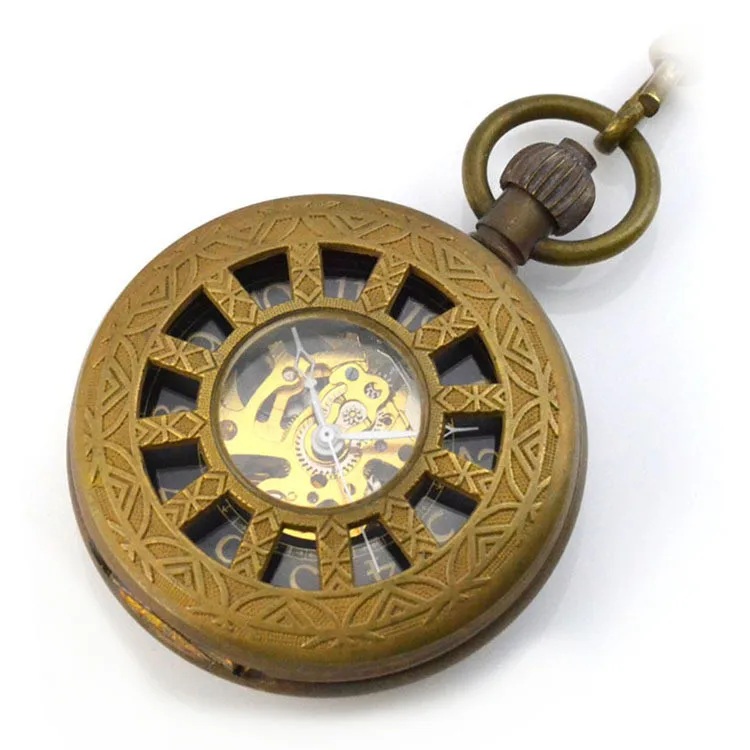 Коричневый колесо скелет Механический ручной взвод карман fob Часы раскладушка Для мужчин часы кулон Цепочки и ожерелья Relogio де Bolso