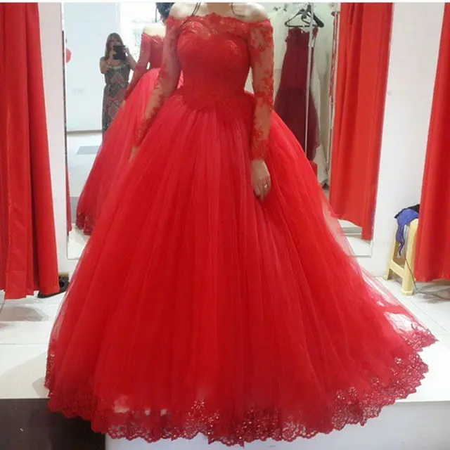 New Long Sleeve Red Lace Ball Gown Quinceanera Sweep Train Red Evening