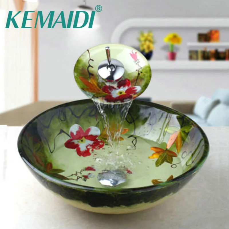 Kemaidi خفف زجاج حوض المغسلة مغسلة صنبور مجموعة مكافحة الأعلى حوض الحمام الغرور بالوعة الحمام خلاط