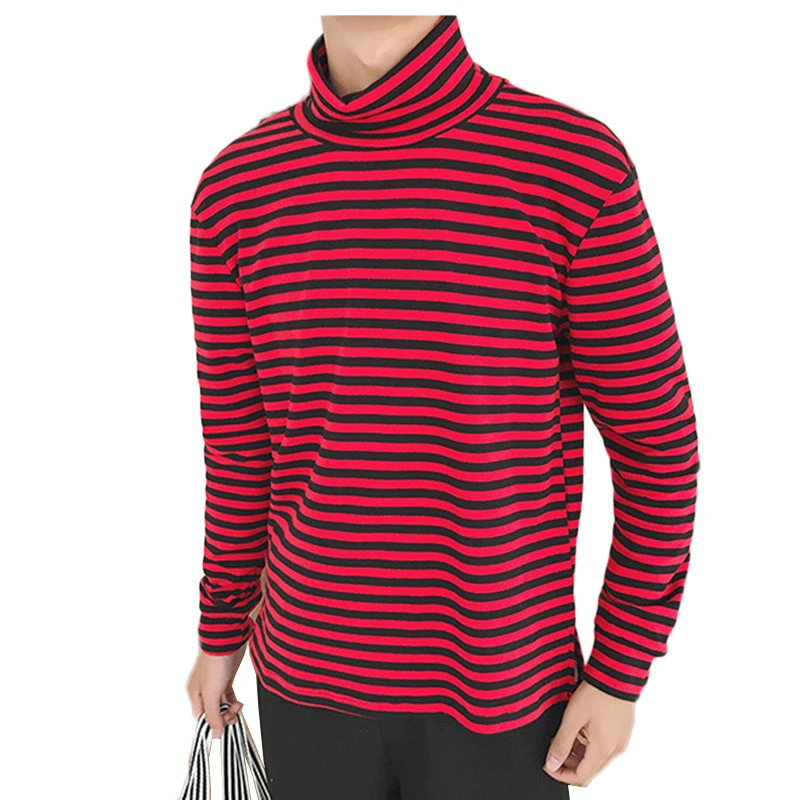 Hip Hop Men's Autumn T Shirt Turtleneck T Shirts Black Red Striped Tees ...