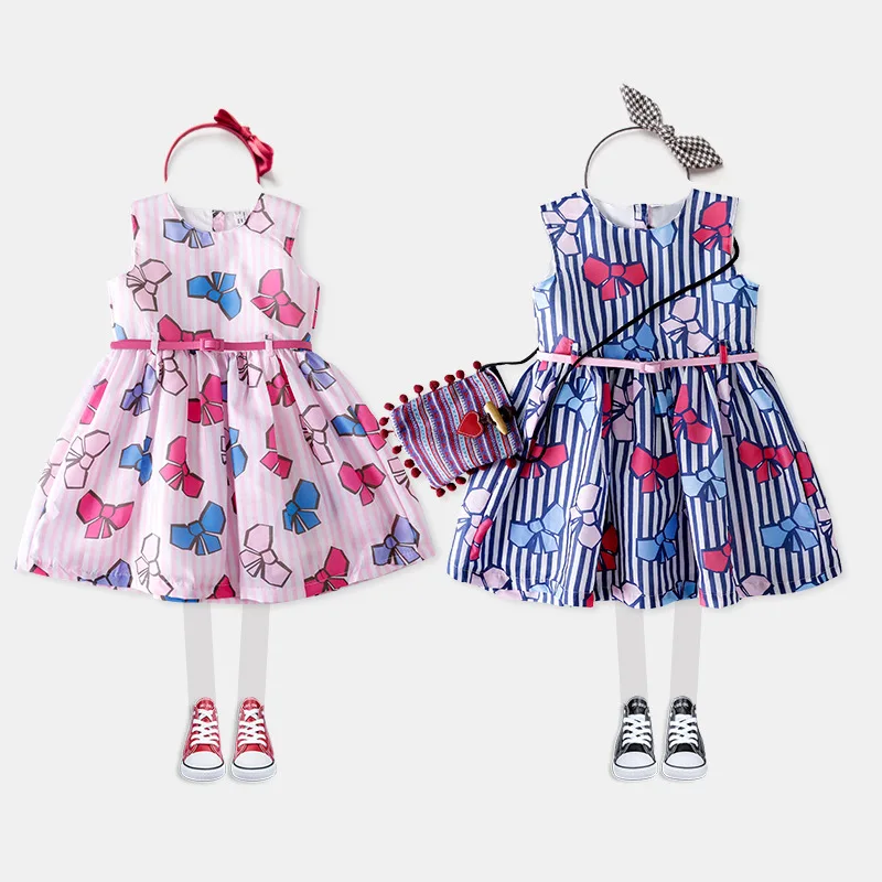 

2018 summer new girl's cotton vest dress bow tie Printed Dress