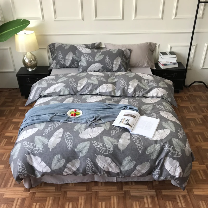 

iDouillet Modern Leaves Pattern Print 4 pcs Bedding Set 100% Cotton Grey Duvet Cover Flat Sheet with Pillowcases Queen King Size