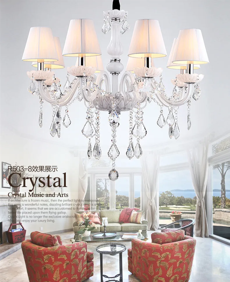 8 led candle lights White crystal chandeliers with fabric lampshade