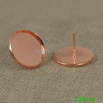 

12mm New Rose Golden Plated Brass Blank Bases Round Bezel Tray Cameo Cabochon Pin Stud Earrings Post Settings Findings Wholesale