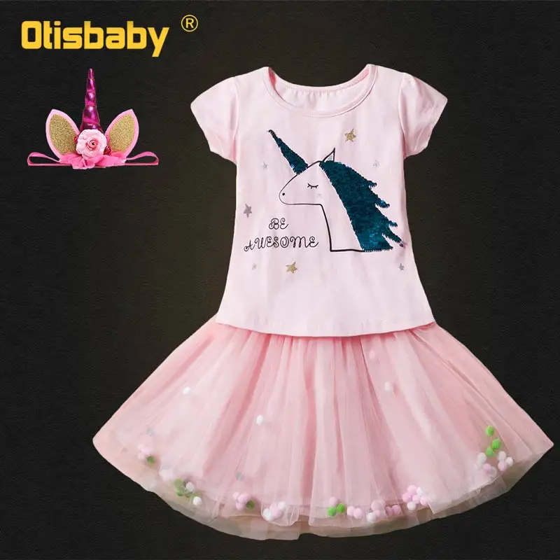 Костюм «Единорог» для девочек, блестящая футболка+ детская юбка пачка с единорогом одежда для маленьких девочек бальное платье, детский спортивный костюм - Цвет: A Set