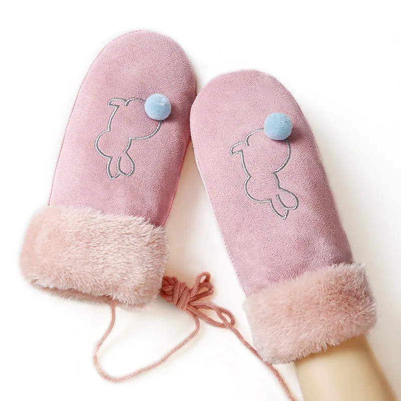 

Winter Gloves For Women Female Warm Mittens Suede Plus Velvet Thick Windproof Cycling Girl Warmer Wrist Cartoon Heated Mittens