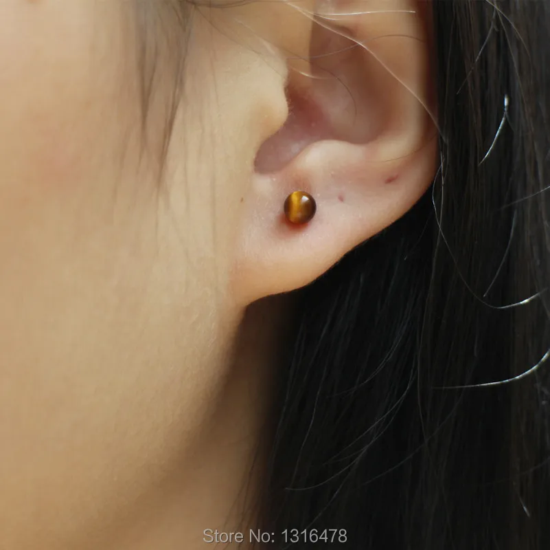 

Small fresh natural stone silver earrings 925 sterling silver 4 mm mini green tiger eye small Ear