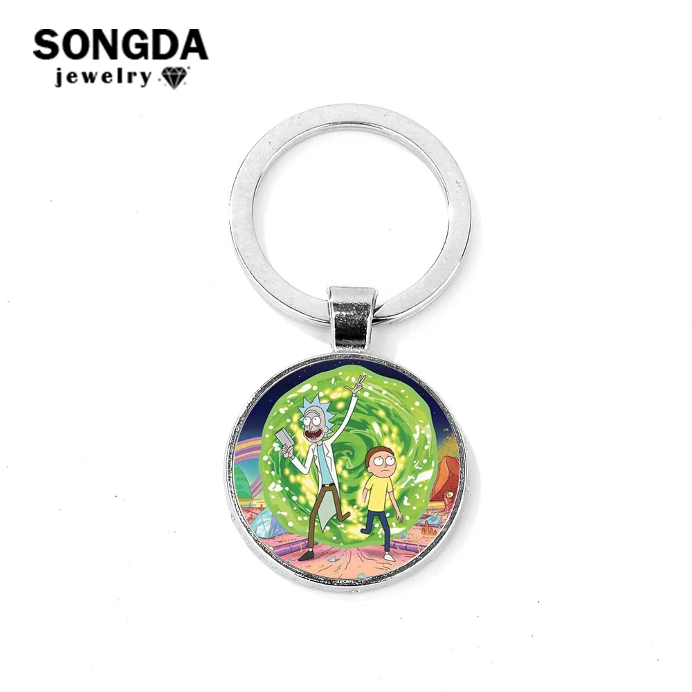 

SONGDA Hot! Anime Rick and Morty Keychain 3D Print Photo Glass Cabochon Metal Round Pendant Key Chain Purse Bag Charm Xmas Gift