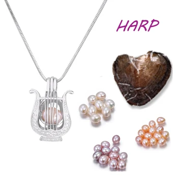 

Harp shape Pearl Cage Pendant Natural vacuum packed oyster Fashion Silver snake chain present Jewelry New Style Jewelry PO155