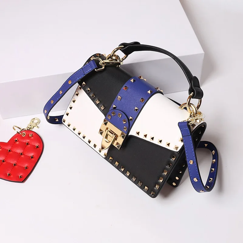 

Fashion new rivet panelled color leather square bag Leather handbag simple chic shoulder bag