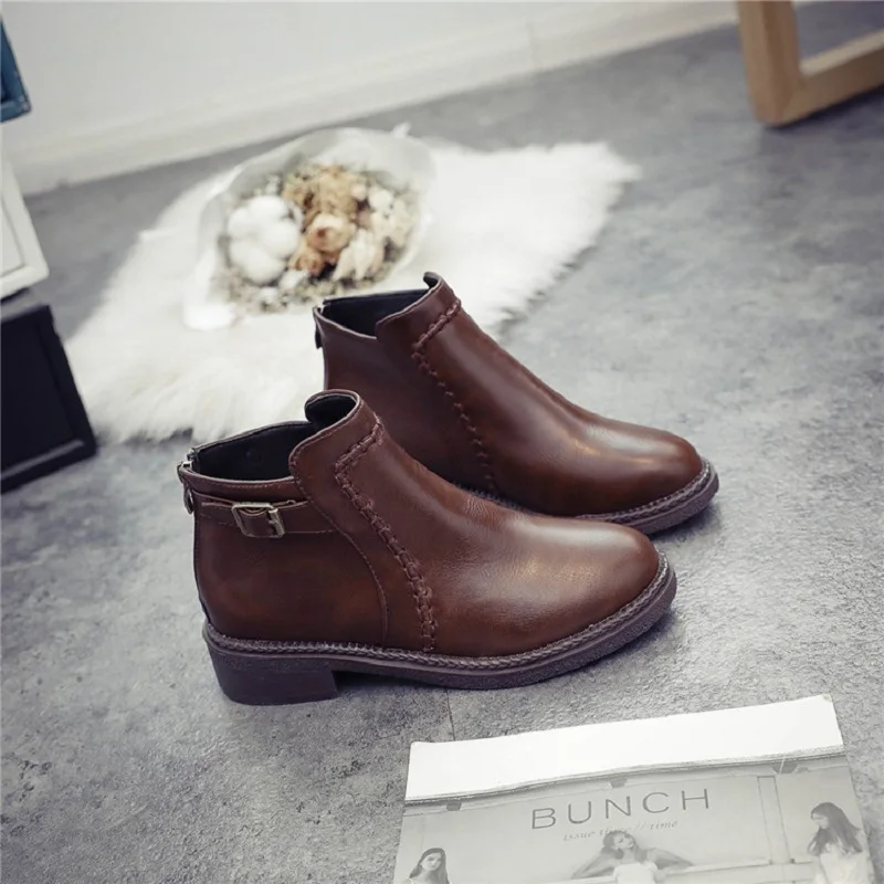 

2019 autumn and winter new British style low tube fashion belt buckle square with casual women's boots brwon 0216