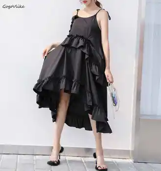 

Irregular Cascading Ruffles Dress Black Women Dress 2018 New Summer Vestido Korean Dresses Spaghetti Straps Hollow Out LT442S50